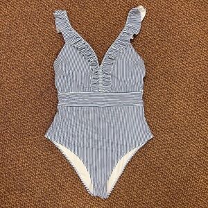Blue & White Stripe Ruffle One Piece Swim Suit / Bathing Suit - Size XL